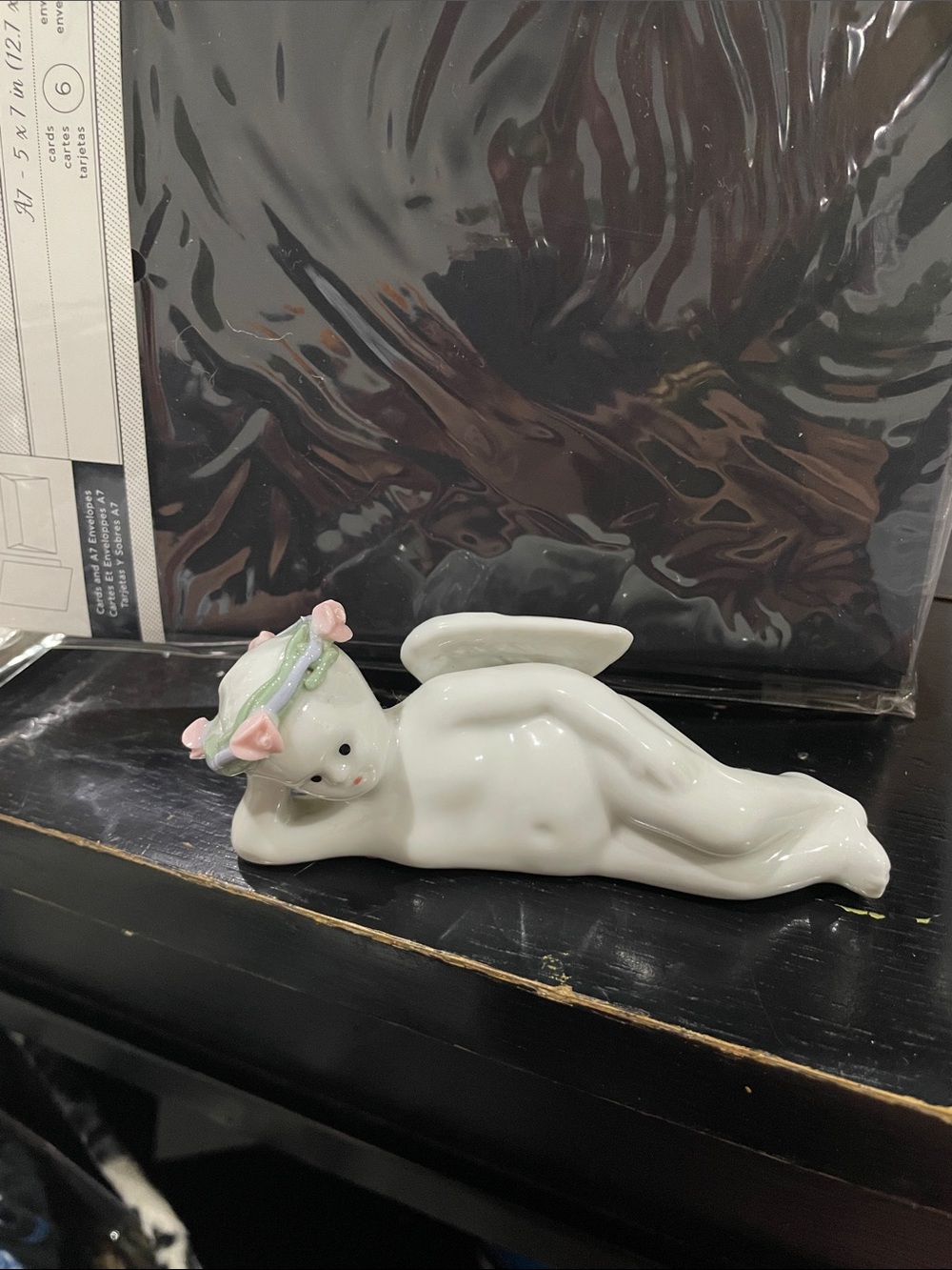 Porcelain White Angel Cherub Figurine with Pink Floral Crown